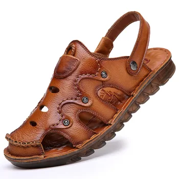 2023 Летние сандалии, мужская уличная повседневная обувь из натуральной кожи, мягкая подошва из коровьих ребер, Пляжная обувь, мужские внешние тапочки, мужская обувь