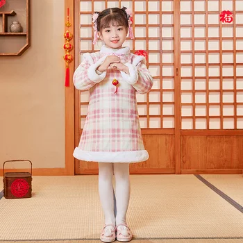 Зимняя одежда Cheongsam для девочек 2021 года, Новая детская одежда в Китайском стиле, детское платье Cheongsam из плюша и плотной клетки