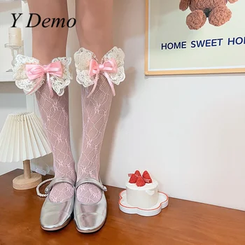 Y Demo Милые кружевные носки с бантиком в средней трубочке, Прозрачные женские носки в балетном стиле