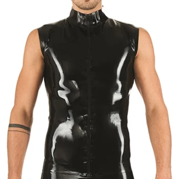 Черный сексуальный жилет из латекса с застежкой-молнией спереди, резиновая рубашка без рукавов с высоким воротом, майка, одежда