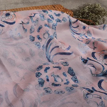 Высококачественная ткань pure ramie Светло-розового цвета с цифровым принтом, Летний тонкий халат, цельное платье cothes tissu