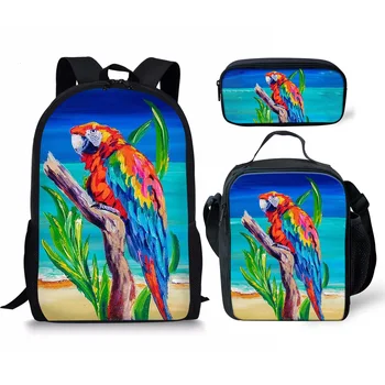 Harajuku Новинка, Красочный Попугай, 3 шт./компл., рюкзак с 3D принтом, Школьная сумка для книг, Аниме, рюкзак для ноутбука, сумка для ланча, пенал