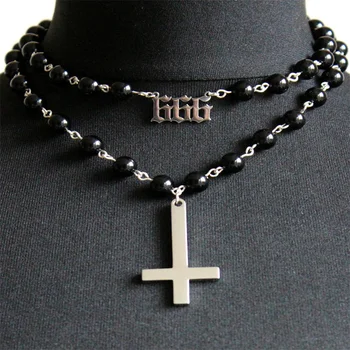 2023 Готическое Серебряное ожерелье с перевернутым крестом, двухслойное ожерелье из черных круглых бусин, Модные женские украшения в подарок