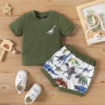 Летние Топы с короткими рукавами и принтом динозавра из мультфильма для маленьких мальчиков, Шорты, Комплект одежды из двух предметов для детской одежды, Одежда для мальчиков 6 шт.