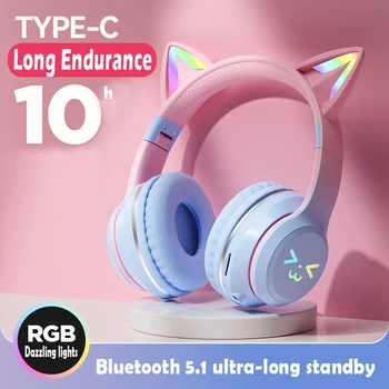 Беспроводные Bluetooth-наушники с милыми кошачьими ушками, RGB-гарнитура с микрофоном, Стереомузыкальная игровая Многофункциональная гарнитура с длительным сроком службы