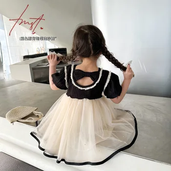 Летнее платье для маленьких девочек Kor Kids из черного тюля, одежда принцессы, модная одежда, вязаная хлопковая сетчатая одежда с нашивками