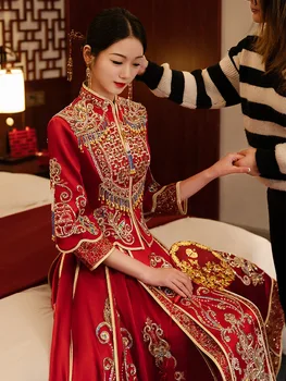 Винтажный элегантный восточный костюм невесты в китайском стиле, расшитый бисером, кисточки, свадебное платье, одежда для церемонии произнесения тостов