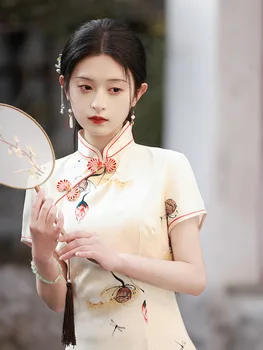 Летнее Улучшенное платье Ципао с принтом Лотоса в китайском стиле с коротким рукавом и принтом Чонсам для женщин
