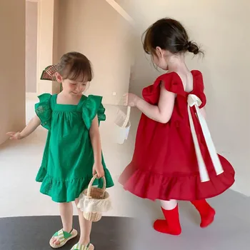 Модная одежда для маленьких девочек, повседневные однотонные детские платья для девочек, летнее платье принцессы с коротким рукавом для девочек 3-7 лет