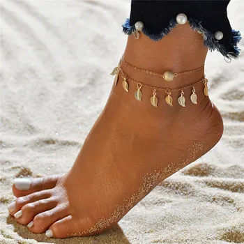 Модные Женские ножные браслеты с листьями из чешского золота, модные браслеты с бусинами, Летний Пляжный браслет на щиколотке, цепочка для ног, ювелирные изделия