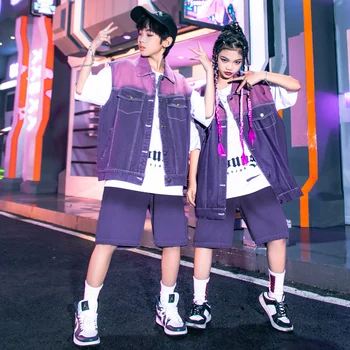Детская одежда в стиле хип-хоп, фиолетовая джинсовая куртка с красителем для галстуков, тактический жилет, повседневная уличная одежда, Шорты для девочек, танцевальный костюм для мальчиков, одежда