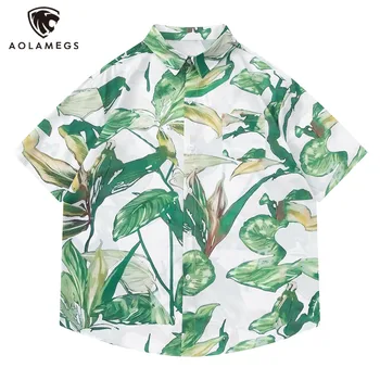 Уличные Мужские Пляжные Гавайские Рубашки С Зелеными Листьями, Рубашки С Графическим Принтом в стиле Хип-Хоп, Свободная Мода Harajuku, Летние Топы, Уличная Одежда