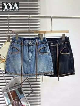 Летние женские повседневные джинсовые шорты Slim Fit, юбки с высокой талией, трапециевидные бретельки, короткие джинсы, винтажные женские сексуальные шорты, Новые брюки