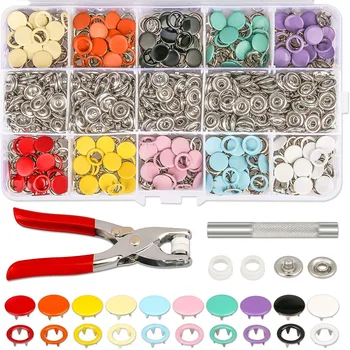 Плоскогубцы + 100/200 Комплект 10 цветных металлических пуговиц для шитья, полые / цельные нажимные шпильки с зубцами, защелкивающиеся застежки для установки сумок для одежды