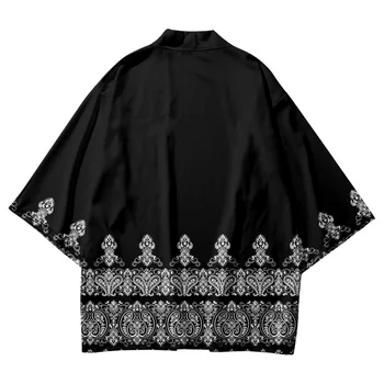 Плюс Размер Черная азиатская одежда Модные рубашки с принтом Кешью Японская уличная одежда Повседневный кардиган Хаори Мужчины Женщины Кимоно Юката