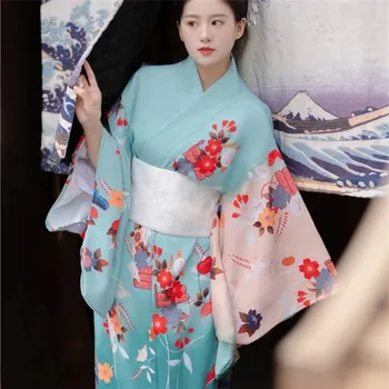 2023 Женское японское традиционное кимоно с белым Оби с цветочным принтом, костюм Гейши Юката для косплея, халат для фотосъемки.
