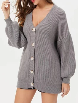 Женский свитер с рукавом-фонариком, однотонный кардиган с V-образным вырезом, однобортная свободная удобная одежда