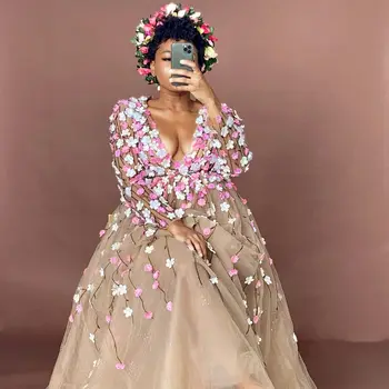 Линия 3D цветы выпускные платья с длинными рукавами для женщин с блестками вечернее платье с V-образным вырезом макси платье вечернее vestido де novia