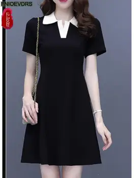 S-3XL Свободные Платья 2022, Летнее Женское Модное Черное платье-футболка из смешанного хлопка с коротким рукавом