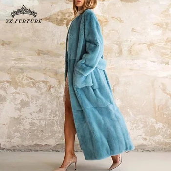 Дизайн ремня на спине из натуральной Кожи Норки 2021 Женская Модная Светло-Голубая куртка Простая Роскошная Длинная Верхняя Одежда Из Натуральной Норки