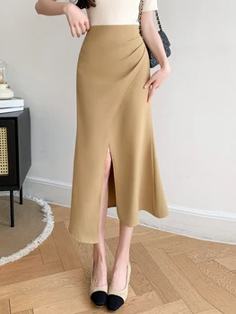 FTLZZ Летнее Офисное женское платье Empire Slim Midi Skrit, Элегантное женское платье трапециевидной формы с разрезом, женская однотонная облегающая юбка