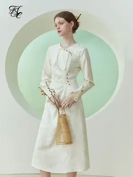 FSLE, новое женское платье с пряжкой в китайском стиле, весеннее новое женское элегантное платье с круглым вырезом и вырезом Iacquard, длинное облегающее женское платье