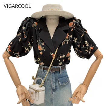 Дизайн костюмного воротника с пузырчатым рукавом, Фрагментированная блузка-рубашка, женская летняя мода 2023 года, универсальная шифоновая рубашка в стиле ретро-Вестерн