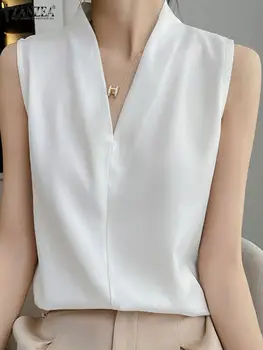 ZANZEA Летняя Элегантная блузка, женская однотонная рубашка без рукавов с V-образным вырезом, Модные рабочие майки, топы, Повседневные Свободные блузы, Офисная сорочка
