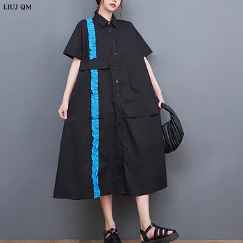 2023 Летние Черные платья-рубашки больших размеров Для женщин, Свободное повседневное винтажное платье с коротким рукавом, Модная Элегантная одежда, сарафан