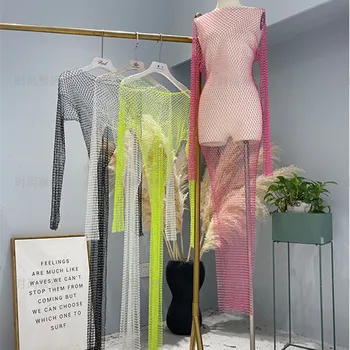 2023 Новое Женское Сексуальное облегающее платье с кристаллами и бриллиантами, открытое Мини-платье с длинным рукавом, женское Прозрачное вечернее платье со стразами