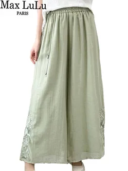 Модная одежда Max LuLu, женские элегантные роскошные свободные широкие брюки с цветочным рисунком, летние женские классические повседневные брюки с винтажной вышивкой.