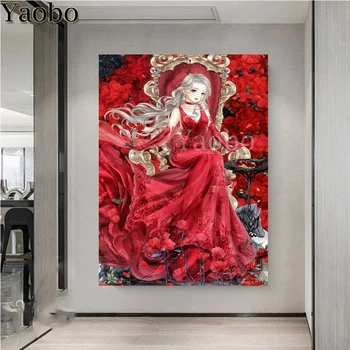 Полная квадратная алмазная картина с изображением мультяшной красавицы с красной розой, вышивка круглой алмазной вышивкой крестиком, мозаичный декор