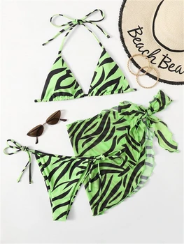 Женский купальник Бикини 2023, Новый комплект бикини в зеленую полоску, Сексуальные купальники на шнуровке, летний купальник для пляжа из 3 предметов, женский купальник