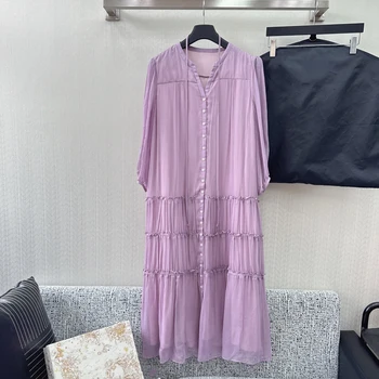 2023 новое женское модное фиолетовое длинное платье с V-образным вырезом и рукавом семь четвертей 0520