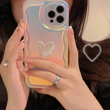 Корейский Эстетический Лазерный Чехол Для Телефона Love Heart Wave Для iPhone 13 12 11 Pro XS Max X XR Gradient Rainbow Милый Мягкий Силиконовый Чехол