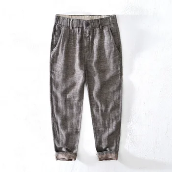 Мужские пляжные брюки из 100% льна, свободные повседневные брюки с карманом, высококачественные дышащие Прямые брюки в полоску, модный тренд