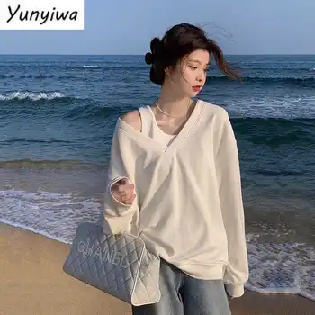 Женские шикарные толстовки, Свободная осенняя женская одежда с длинным рукавом, Корейская модная верхняя одежда, Женская уличная одежда с V-образным вырезом, стильная