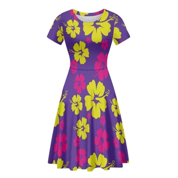 HYCOOL Прямая поставка, женские фиолетовые свободные платья в цветочек с коротким рукавом, платья-футболки с открытой талией в стиле ампир для женщин 2023