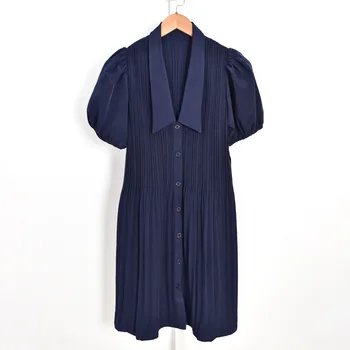 EOS2023 Летнее мини-платье темно-синего цвета с воротником-лацканом, плиссированным V-образным вырезом и рукавом-фонариком, модные французские пары