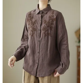 Винтажная модная рубашка с длинными рукавами и вышивкой, женская одежда, повседневная универсальная Свободная однобортная блузка из однотонного материала