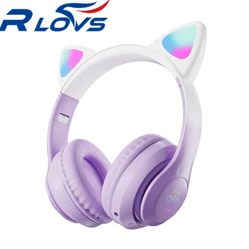 Милые наушники с кошачьими ушками, беспроводная Bluetooth-гарнитура с микрофоном, светодиодная стереофоническая музыкальная Bluetooth-гарнитура для девочек, подарок геймеру