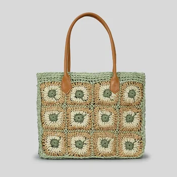 Модная бабушкина квадратная соломенная сумка-тоут из бумажной ткани, женские сумки ручной работы, вязаные крючком Летние пляжные сумки большой емкости для покупок