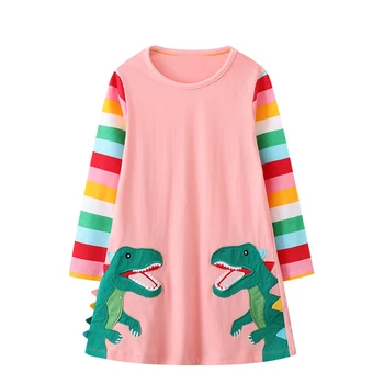 весеннее хлопчатобумажное платье с розовым динозавром и длинными рукавами для девочек, повседневное платье с мультяшными животными