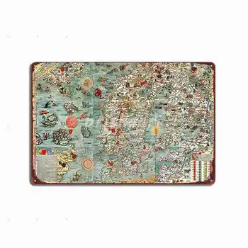 Карта Марины Карта Скандинавии от Олауса Магнуса 1539 Металлические вывески Паб Гараж Живопись Декор паба Персонализированные металлические плакаты
