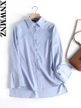 XNWMNZ 2023 Женская модная элегантная рубашка женская повседневная с лацканами, длинным рукавом, разрезом сбоку, офисный женский топ, женская шикарная блузка