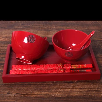 Китайская красная керамика двойного счастья свадебная посуда подарочная чаша палочки для еды поднос с ложками набор керамической посуды
