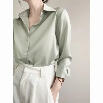 Высококачественная зеленая атласная женская рубашка с длинными рукавами 2023 весна / лето, офисная женская блузка, дизайнерский шифоновый топ с лацканами в нише