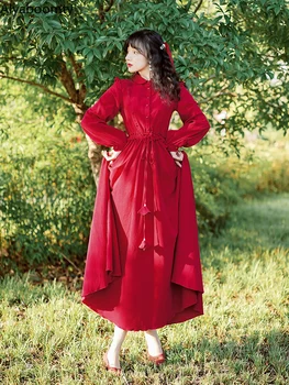 Новое Японское Длинное платье Mori Girl Весна Осень, Женское длинное платье с воротником Питер Пэн, Красное платье Феи на шнуровке, длинный рукав, элегантное винтажное платье