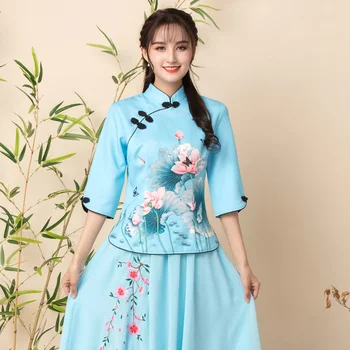 2023 Китайское платье Чонсам из двух частей, Элегантное Винтажное платье с цветочным принтом, современное женское повседневное платье Ципао, Традиционная одежда