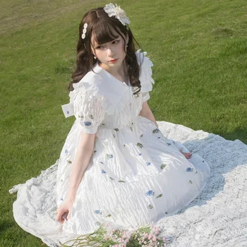 Женские цельные платья Kawaii Lolita, Милое Белое платье с цветочным рисунком для девочек, Летнее Японское платье для косплея в стиле Харадзюку